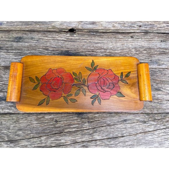 Vintage Wood Bread Serving Tray Carved Red Roses - Picture 2 of 13